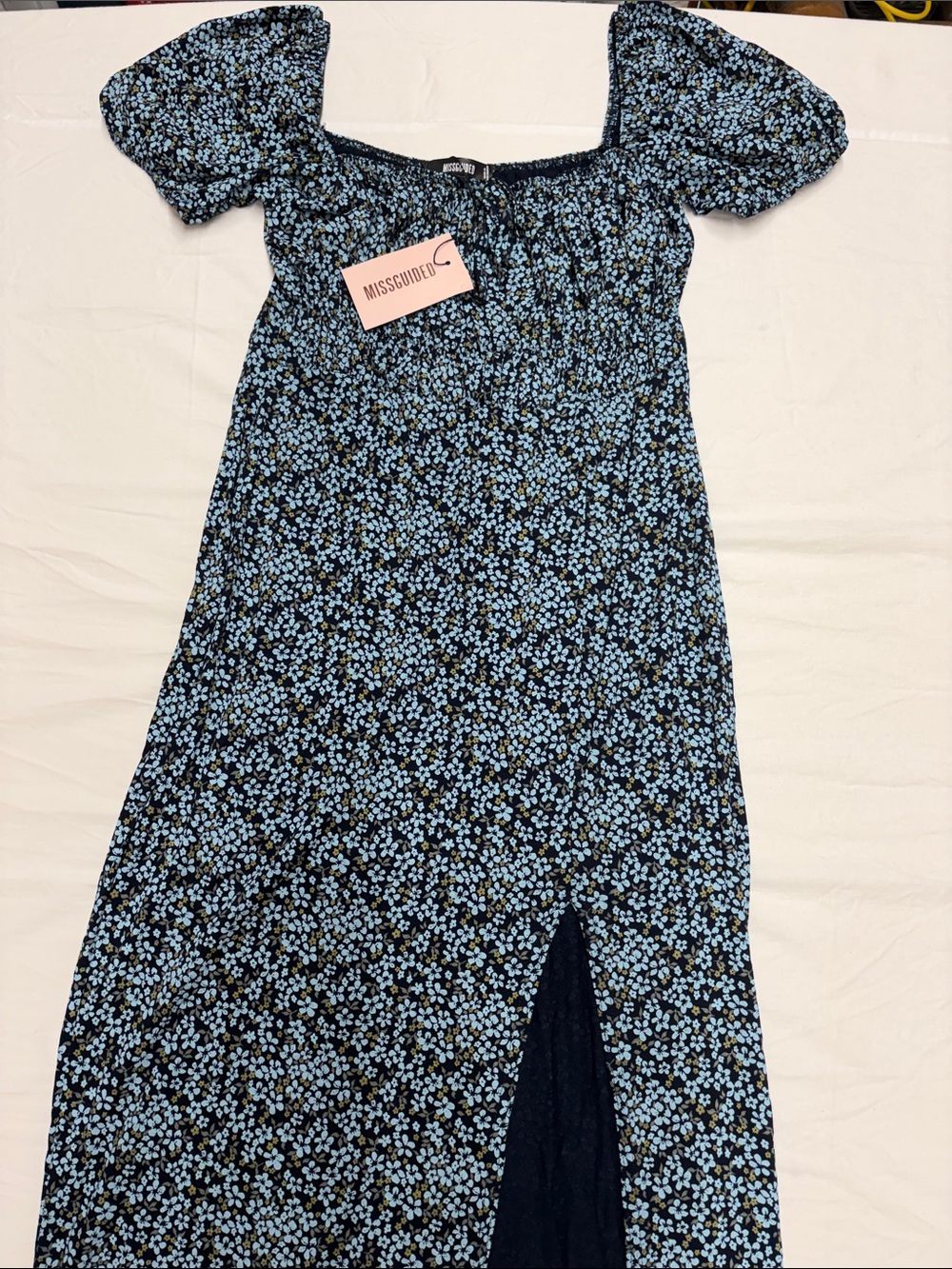 Missguided Black and Light Blue Floral Puff-Sleeve Midi Dress